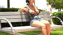 Letting her big boobs hang out on the bench Konulu Porno