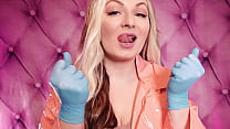 blue nitrile gloves and pink PVC fetish coat - ... Konulu Porno