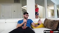 slutty teen stepsister busts her stepbrother jerking off on the couch and offers to help him out for a little exchange min Konulu Porno