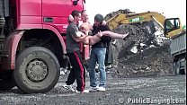 cute blonde fucked by guys at a public construction site threesome min Konulu Porno