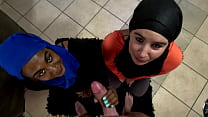 two muslim hijab woman on their knees sucking dick and getting their faces covered with cum min Konulu Porno